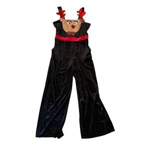 Reindeer Face Girls Velvet Christmas Jumpsuit L (11/13) With Red Sequin Antlers